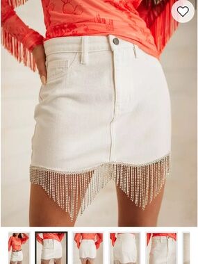 Lange White Denim Mini Skirt with Crystal Fringe